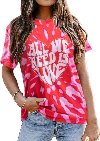 Women Valentines Day Shirts Tie Dye Heart Graphic Short Sleeve Cute Round Neck Shirt for Women Lover Gift Tops in Saudi Arabia