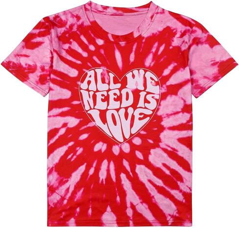 Women Valentines Day Shirts Tie Dye Heart Graphic Short Sleeve Cute Round Neck Shirt for Women Lover Gift Tops in Saudi Arabia