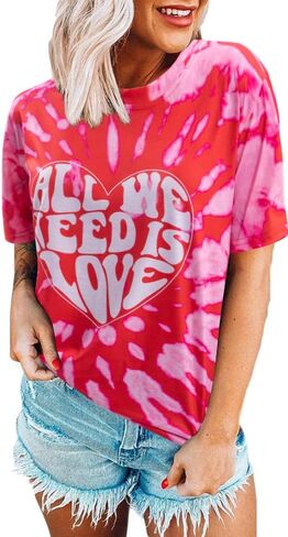 Women Valentines Day Shirts Tie Dye Heart Graphic Short Sleeve Cute Round Neck Shirt for Women Lover Gift Tops in Saudi Arabia