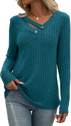 Misyula Style Long Sleeve Shirts for Women V Neck Fall Sweaters Dressy Casual Basic Tops 2024 Trendy Pullover S-2XL in Kuwait
