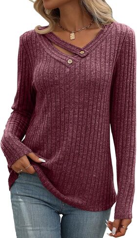 Misyula Style Long Sleeve Shirts for Women V Neck Fall Sweaters Dressy Casual Basic Tops 2024 Trendy Pullover S-2XL in Kuwait