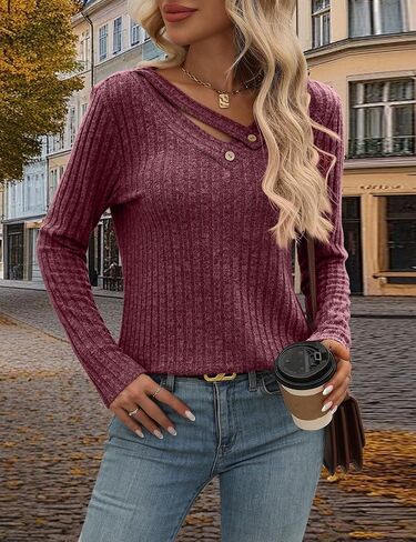 Misyula Style Long Sleeve Shirts for Women V Neck Fall Sweaters Dressy Casual Basic Tops 2024 Trendy Pullover S-2XL in Kuwait