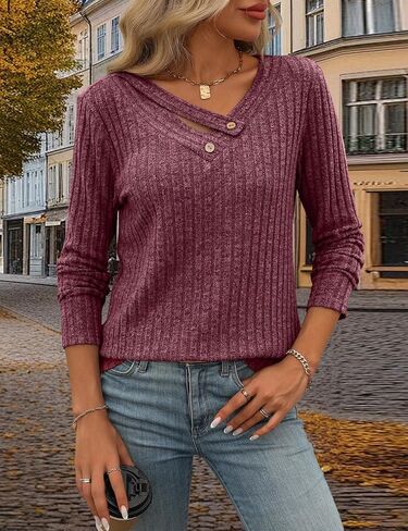 Misyula Style Long Sleeve Shirts for Women V Neck Fall Sweaters Dressy Casual Basic Tops 2024 Trendy Pullover S-2XL in Kuwait