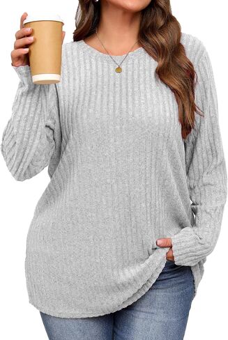Plus Size Warm Long Sleeve Shirts Women Round Neck Casual Fall Winter Tunic Tops in Saudi Arabia