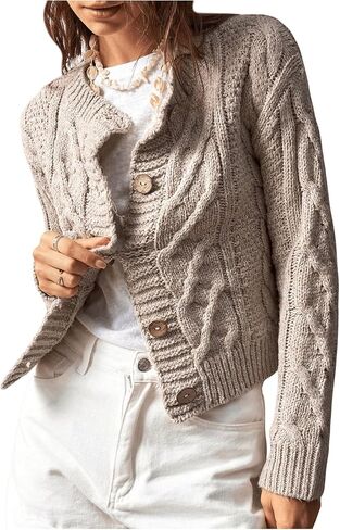 Women's Cable Knit Button Up Cardigan Crew Neck Long Sleeve Casual Sweaters in Saudi Arabia
