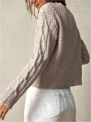 Women's Cable Knit Button Up Cardigan Crew Neck Long Sleeve Casual Sweaters in Saudi Arabia