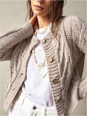 Women's Cable Knit Button Up Cardigan Crew Neck Long Sleeve Casual Sweaters in Saudi Arabia