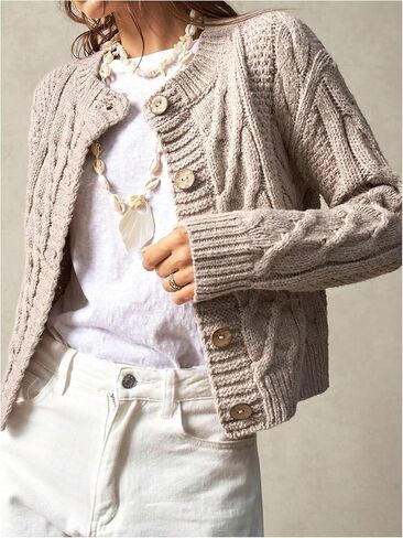 Women's Cable Knit Button Up Cardigan Crew Neck Long Sleeve Casual Sweaters in Saudi Arabia