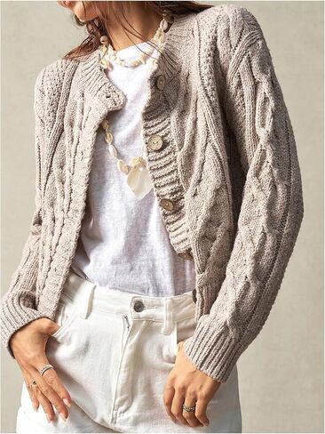 Women's Cable Knit Button Up Cardigan Crew Neck Long Sleeve Casual Sweaters in Saudi Arabia
