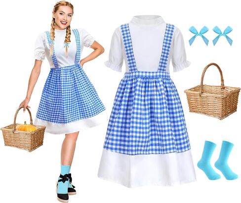 Leumoi 5 قطع أزياء تنكرية كلاسيكية للنساء تتضمن فستان قطني أزرق وأقواس وجوارب زرقاء وسلة لحفلات الهالوين in Kuwait