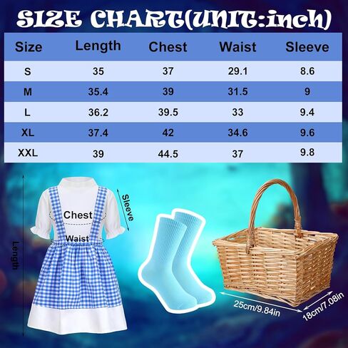 Leumoi 5 قطع أزياء تنكرية كلاسيكية للنساء تتضمن فستان قطني أزرق وأقواس وجوارب زرقاء وسلة لحفلات الهالوين in Kuwait