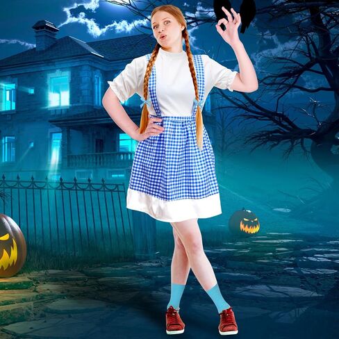 Leumoi 5 قطع أزياء تنكرية كلاسيكية للنساء تتضمن فستان قطني أزرق وأقواس وجوارب زرقاء وسلة لحفلات الهالوين in Kuwait