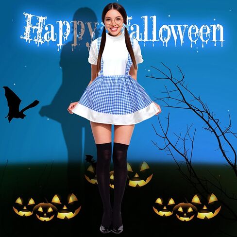 Leumoi 5 قطع أزياء تنكرية كلاسيكية للنساء تتضمن فستان قطني أزرق وأقواس وجوارب زرقاء وسلة لحفلات الهالوين in Kuwait