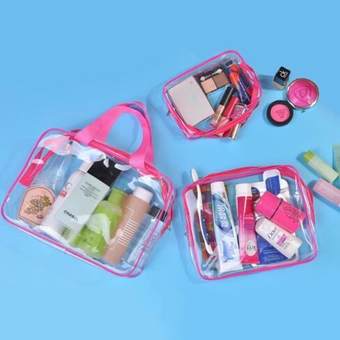 Clear Toiletries Bag, 3 in 1 Waterproof Toiletry Travel Bag Clear Cosmetics Bag PVC Makeup Bag with Zipper for Business Travel, Vacation, Bathroom, Organizing (Rosy red) in Saudi Arabia