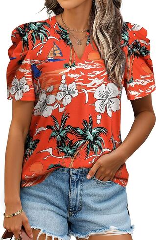 Ezcosplay Women Puff Sleeve Tops Floral Hawaiian Shirt Notched V Neck T-Shirt Casual Tropical Outfits in Saudi Arabia