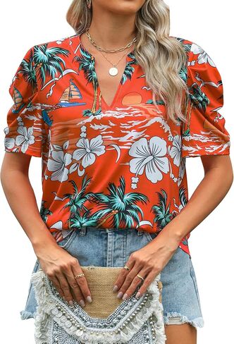 Ezcosplay Women Puff Sleeve Tops Floral Hawaiian Shirt Notched V Neck T-Shirt Casual Tropical Outfits in Saudi Arabia