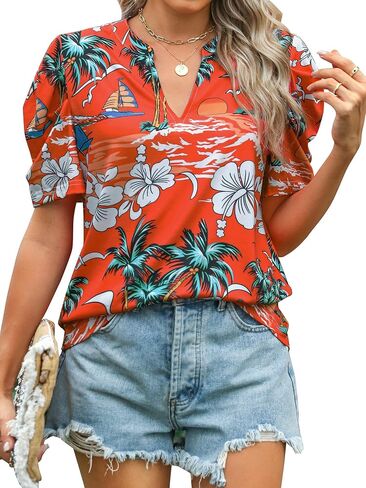 Ezcosplay Women Puff Sleeve Tops Floral Hawaiian Shirt Notched V Neck T-Shirt Casual Tropical Outfits in Saudi Arabia