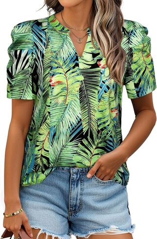 Ezcosplay Women Puff Sleeve Tops Floral Hawaiian Shirt Notched V Neck T-Shirt Casual Tropical Outfits in Saudi Arabia