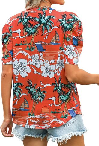 Ezcosplay Women Puff Sleeve Tops Floral Hawaiian Shirt Notched V Neck T-Shirt Casual Tropical Outfits in Saudi Arabia