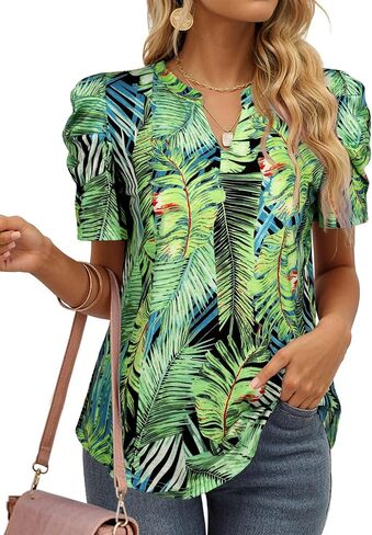 Ezcosplay Women Puff Sleeve Tops Floral Hawaiian Shirt Notched V Neck T-Shirt Casual Tropical Outfits in Saudi Arabia