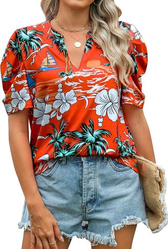 Ezcosplay Women Puff Sleeve Tops Floral Hawaiian Shirt Notched V Neck T-Shirt Casual Tropical Outfits in Saudi Arabia