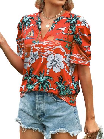 Ezcosplay Women Puff Sleeve Tops Floral Hawaiian Shirt Notched V Neck T-Shirt Casual Tropical Outfits in Saudi Arabia