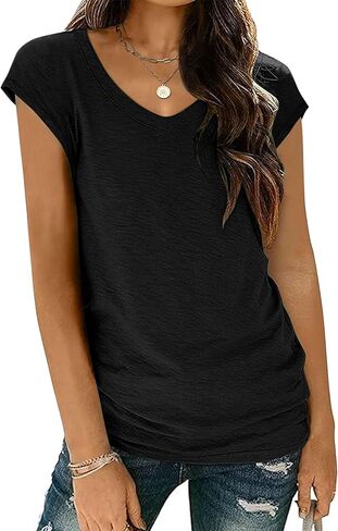 Zeagoo Womens Tops Cap Sleeve T Shirts V Neck Basic Tees Tops Lightweight Casual Summer Fashion Trendy Outfits Clothes in Kuwait