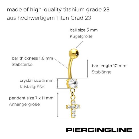 PIERCINGLINE Titanium Belly Button Ring with Crystals and Cross – Belly Button Piercing internally screwed 3 colors in Kuwait