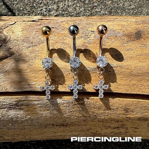 PIERCINGLINE Titanium Belly Button Ring with Crystals and Cross – Belly Button Piercing internally screwed 3 colors in Kuwait
