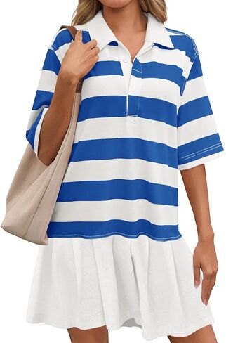 Wenrine Womens Striped Mini Dress Casual V Neck Pleated Patchwork Short Sleeve Loose Summer T Shirt Dresses in Saudi Arabia