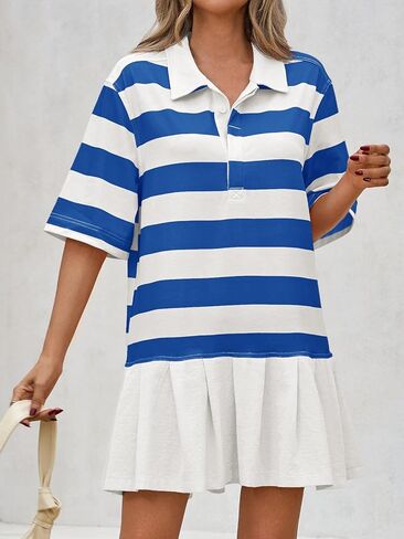 Wenrine Womens Striped Mini Dress Casual V Neck Pleated Patchwork Short Sleeve Loose Summer T Shirt Dresses in Saudi Arabia