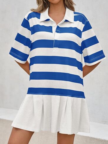 Wenrine Womens Striped Mini Dress Casual V Neck Pleated Patchwork Short Sleeve Loose Summer T Shirt Dresses in Saudi Arabia