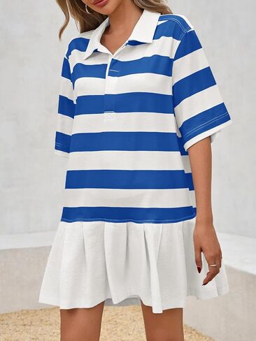 Wenrine Womens Striped Mini Dress Casual V Neck Pleated Patchwork Short Sleeve Loose Summer T Shirt Dresses in Saudi Arabia