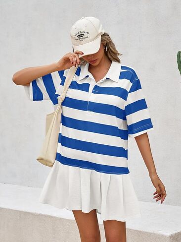 Wenrine Womens Striped Mini Dress Casual V Neck Pleated Patchwork Short Sleeve Loose Summer T Shirt Dresses in Saudi Arabia