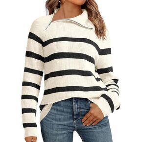 Saodimallsu Womens Striped Sweater Zip Mock Neck Fall Long Sleeve Oversized Trendy Loose Ribbed Knit Pullover Tops