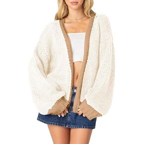 Women's 2024 Fall Long Sleeve Cable Knit Sweater Color Block Open Front Cardigan Chunky Loose Outerwear Coats