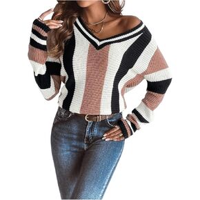 OYOANGLE Women's Color Block Striped Crochet Knit Long Sleeve Sweater V Neck Pullover Knitted Tops