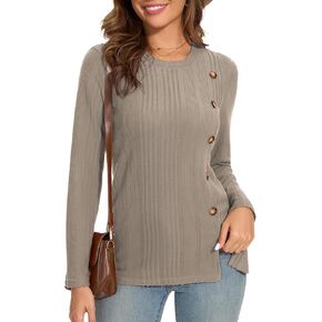 Lightweight Knit Sweaters Long Sleeve Tops for Women Crew Neck Pullover Tunics Sweaters Buttons Front Slit Fall