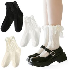 3 Pairs Socks With Bows For Women Womens Bow Socks Cute Ruffle Socks For Women Socks With Ruffles For Women Frill Socks Lolita Socks Ruffle Sock Cute Bow Socks Sock Soft Knit Lolita Princess Socks