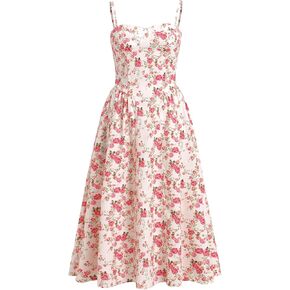 Women’s Corset Dress Sexy Spaghetti Strap Bustier Midi Dress Low Cut Flowy Pleated Hem Formal Dresses with Pockets