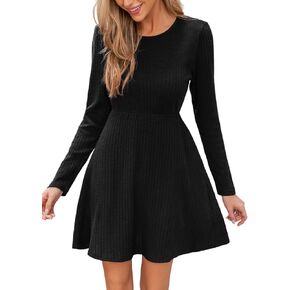 CUPSHE Women's Ribbed Knit Mini Fall Dress Crew Neck Long Sleeve A Line Semi Formal Casual Autumn Winter Dresses Working