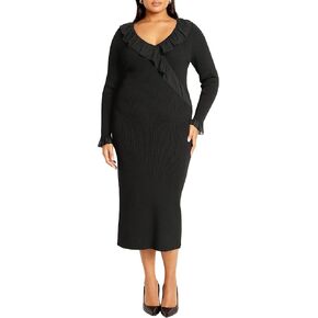 City Chic Plus Size AURALIE Long Sleeve Frill Dress in Black