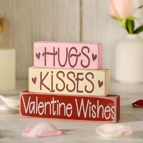 Retro Valentine's Day Tabletop Signs - Farmhouse Valentine's Wood Block Set, 3 Pcs Romantic Hugs Kisses Valentine Wishes Decorations, Table Centerpiece Tiered Tray Signs for Gifts Shelf Home Decor