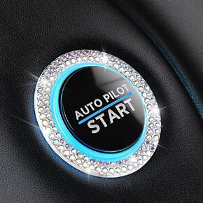 Bling Car Decor Crystal [2 Row Rhinestones] Ring Emblem Sticker,Bling Car Accessories for Women,Car Interior Decoration,Push to Start Button,Key Ignition Starter & Knob Ring (Blue）