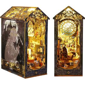 CUTEROOM DIY Book Nook Kit للبالغين، DIY Booknook Mini Dollhouse مع أضواء LED، غلاف خشبي ثلاثي الأبعاد لديكور رف الكتب، ألعاب بيت الدمى الصغيرة كهدية للبالغين (مدينة غامضة)