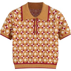 CIDER Women's Knit Collar Geometric Button Short Sleeve Top