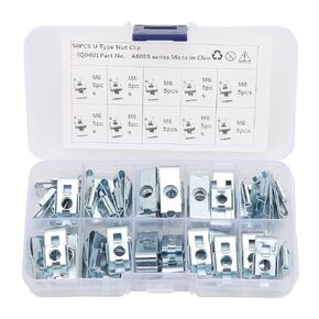 50 Pcs M6 U-Shaped Clip Nut Car U Type Clips Set Fastener with Store Box for Fixing The Car Body Panel or Decorative Strip