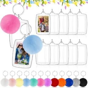 Henoyso 12 Pcs 2 x 3 Inches Picture Frame Keychain Acrylic Photo Keychain Rectangle Acrylic Keychain Blanks with Colorful Fluffy Poms