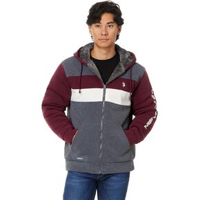 U.S. Polo Assn. Men's USPA Tri Color-Block 2 Stripe Sherpa Hoodie Dark Heather Grey Medium
