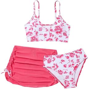 COZYEASE Girls' 3 Piece Set Floral Print Bikini Swimsuit with Drawstring Beach Skirt Cute Ruched Bathing Suit